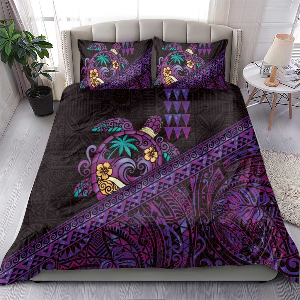 Hawaiian Abstract Sea Turtle Bedding Set Polynesian Tapa Art and Kakau Tattoo Purple WaterColor LT03 - Polynesian Pride