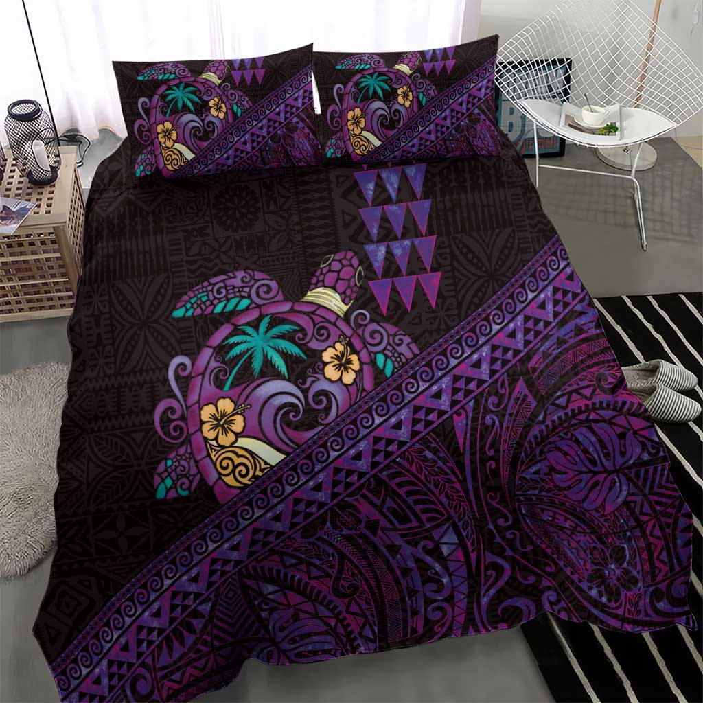 Hawaiian Abstract Sea Turtle Bedding Set Polynesian Tapa Art and Kakau Tattoo Purple WaterColor LT03 - Polynesian Pride