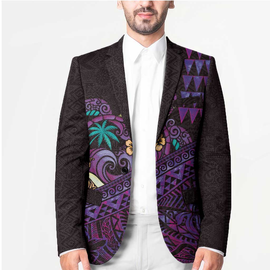 Hawaiian Abstract Sea Turtle Blazer Polynesian Tapa Art and Kakau Tattoo Purple WaterColor LT03 - Polynesian Pride