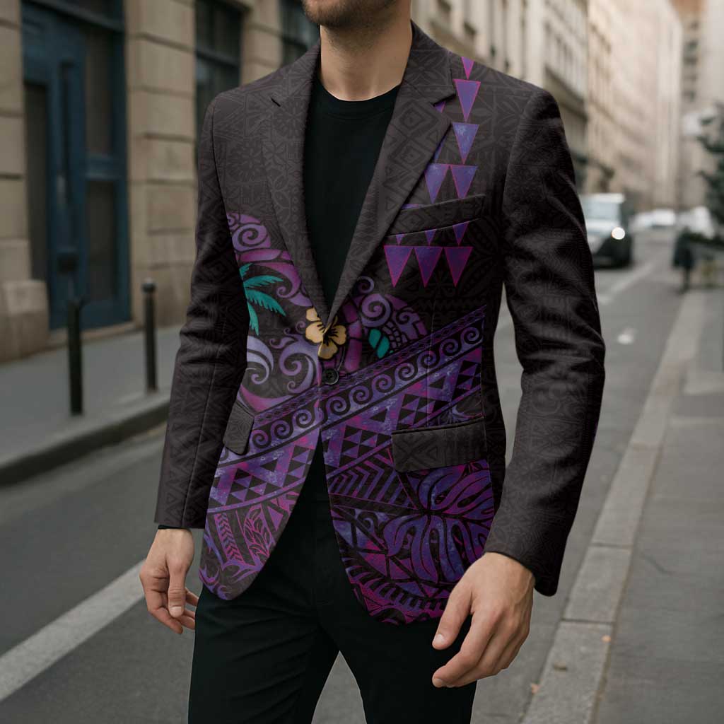 Hawaiian Abstract Sea Turtle Blazer Polynesian Tapa Art and Kakau Tattoo Purple WaterColor LT03 - Polynesian Pride