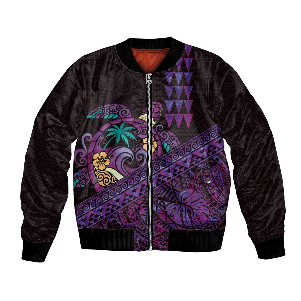 Hawaiian Abstract Sea Turtle Bomber Jacket Polynesian Tapa Art and Kakau Tattoo Purple WaterColor LT03 Unisex Black - Polynesian Pride