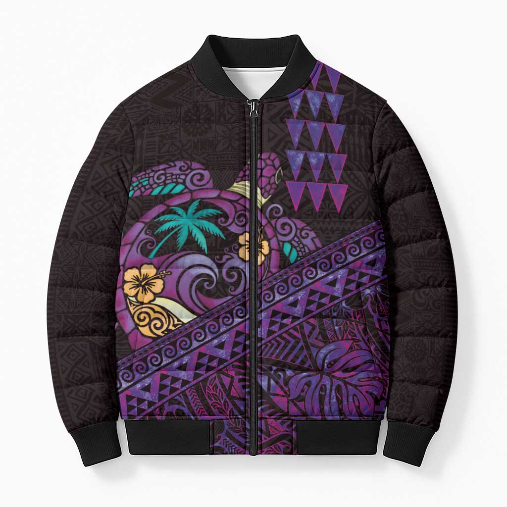 Hawaiian Abstract Sea Turtle Bomber Puffer Jacket Polynesian Tapa Art and Kakau Tattoo Purple WaterColor LT03 Unisex Black - Polynesian Pride