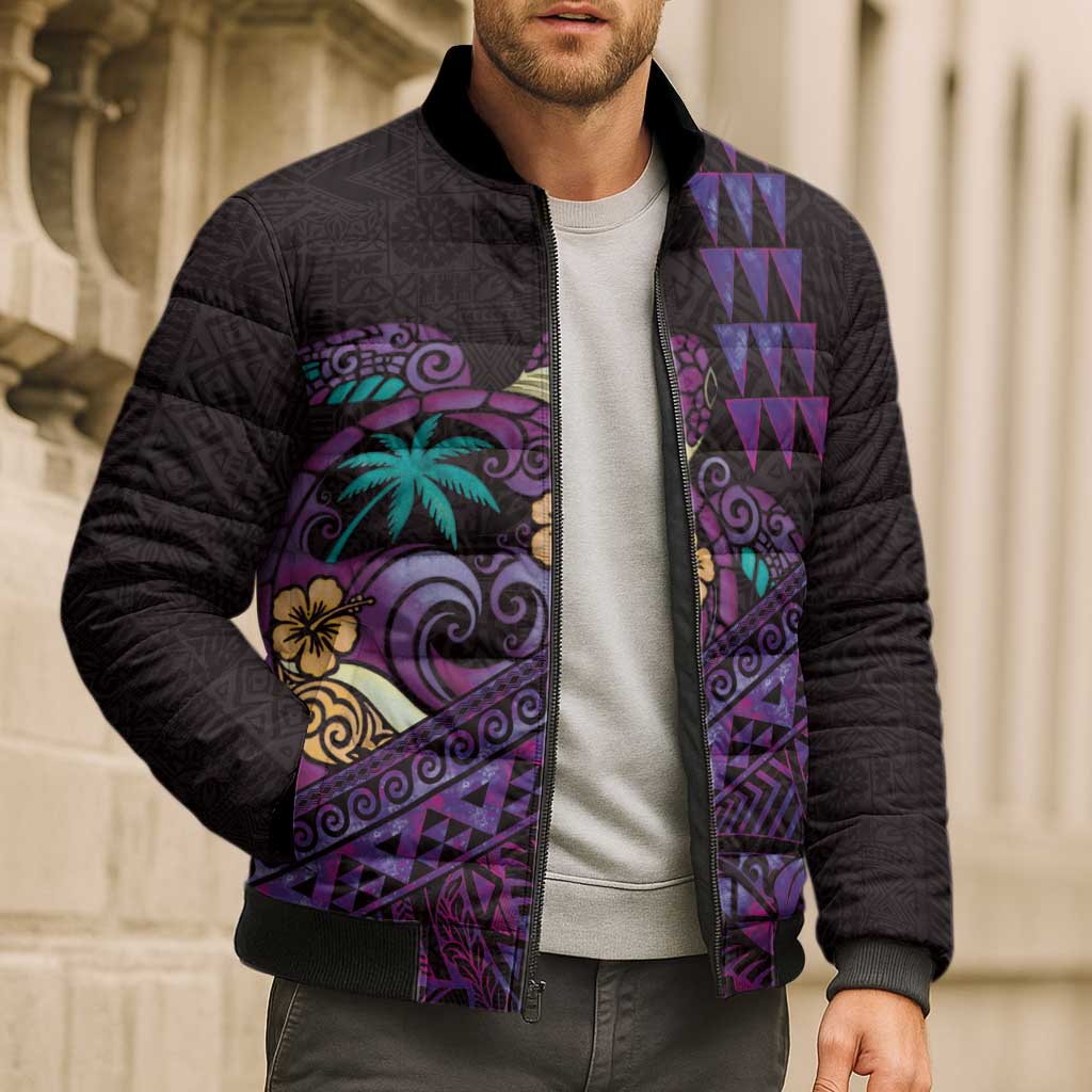 Hawaiian Abstract Sea Turtle Bomber Puffer Jacket Polynesian Tapa Art and Kakau Tattoo Purple WaterColor LT03 - Polynesian Pride