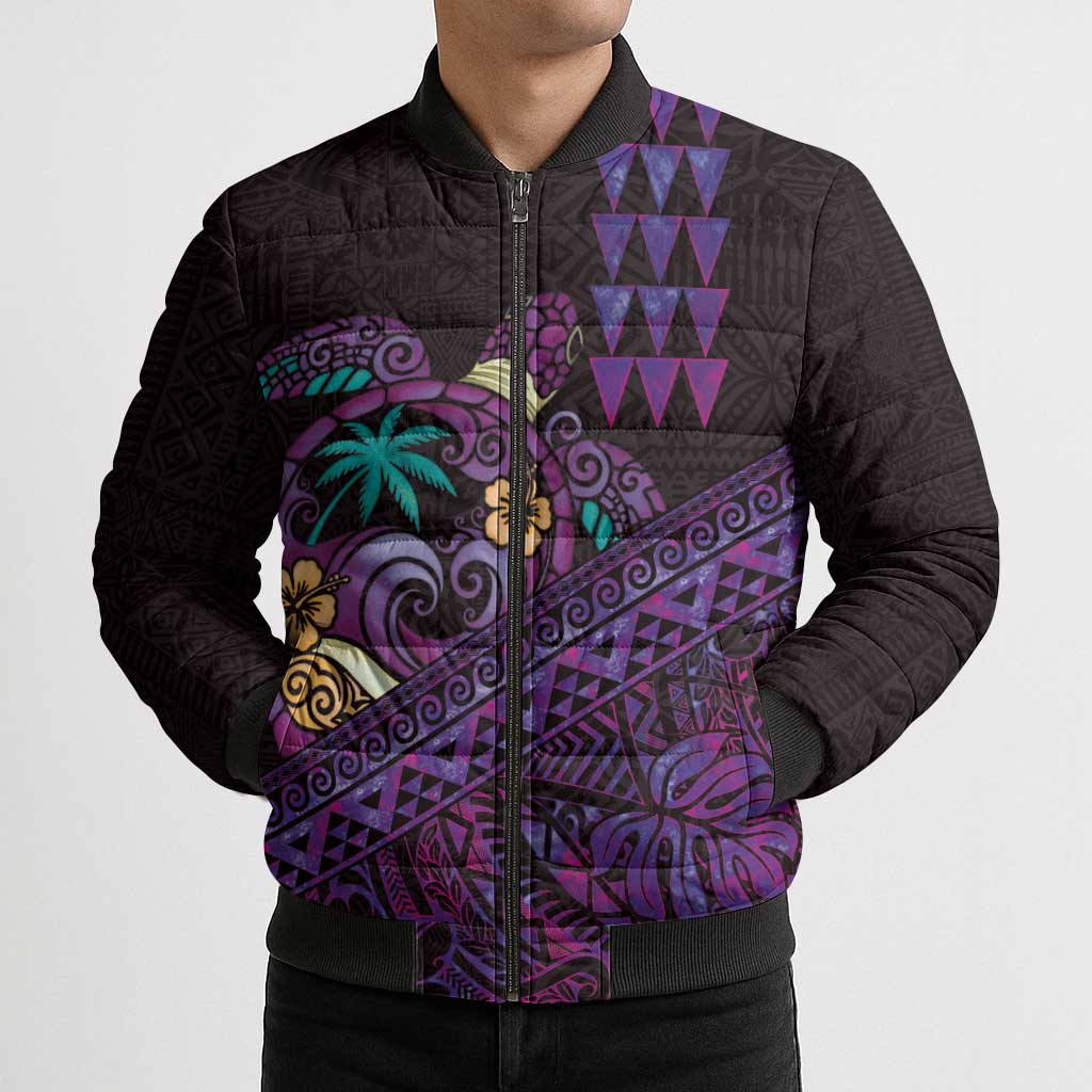 Hawaiian Abstract Sea Turtle Bomber Puffer Jacket Polynesian Tapa Art and Kakau Tattoo Purple WaterColor LT03 - Polynesian Pride