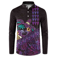 Hawaiian Abstract Sea Turtle Button Sweatshirt Polynesian Tapa Art and Kakau Tattoo Purple WaterColor LT03 Black - Polynesian Pride