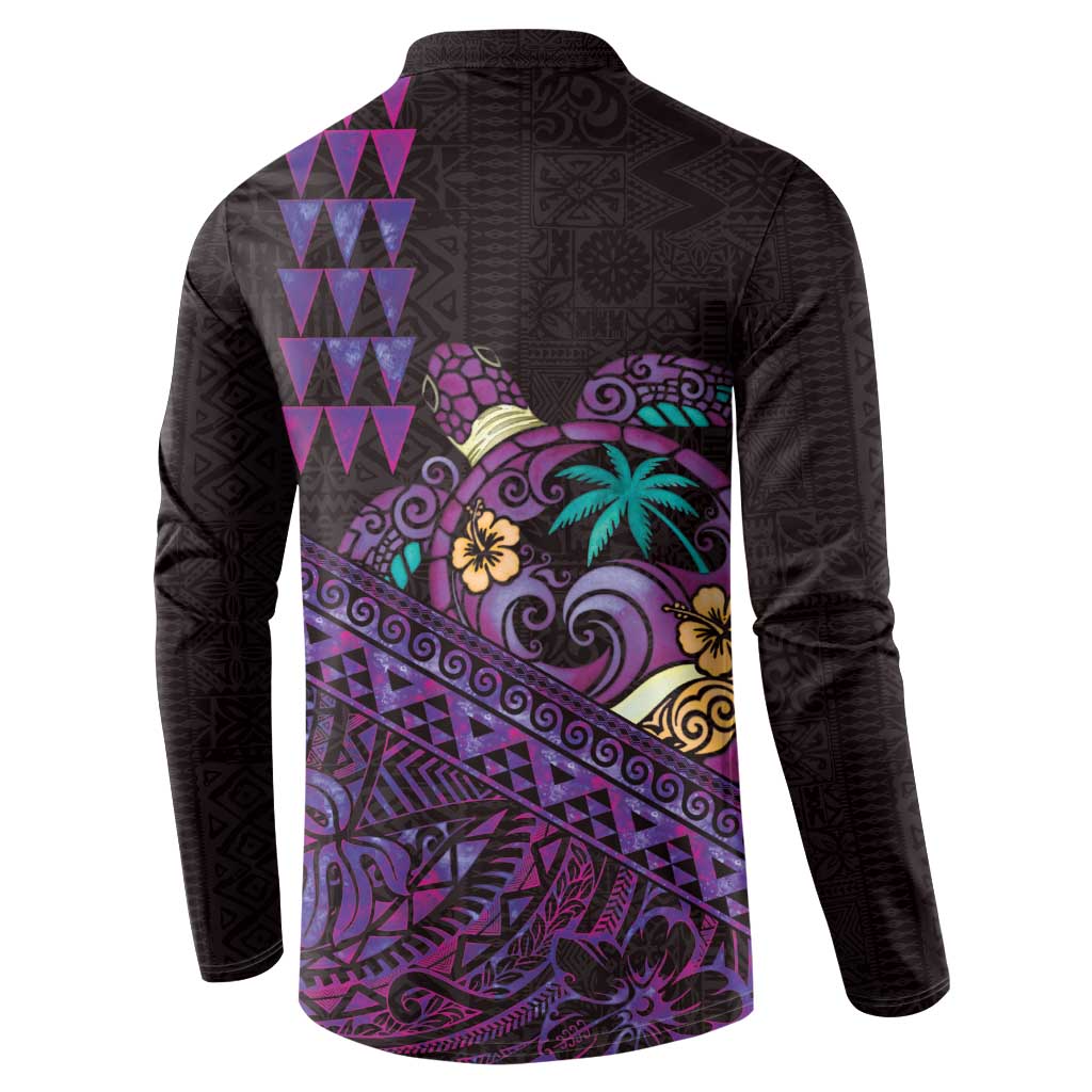 Hawaiian Abstract Sea Turtle Button Sweatshirt Polynesian Tapa Art and Kakau Tattoo Purple WaterColor LT03 - Polynesian Pride