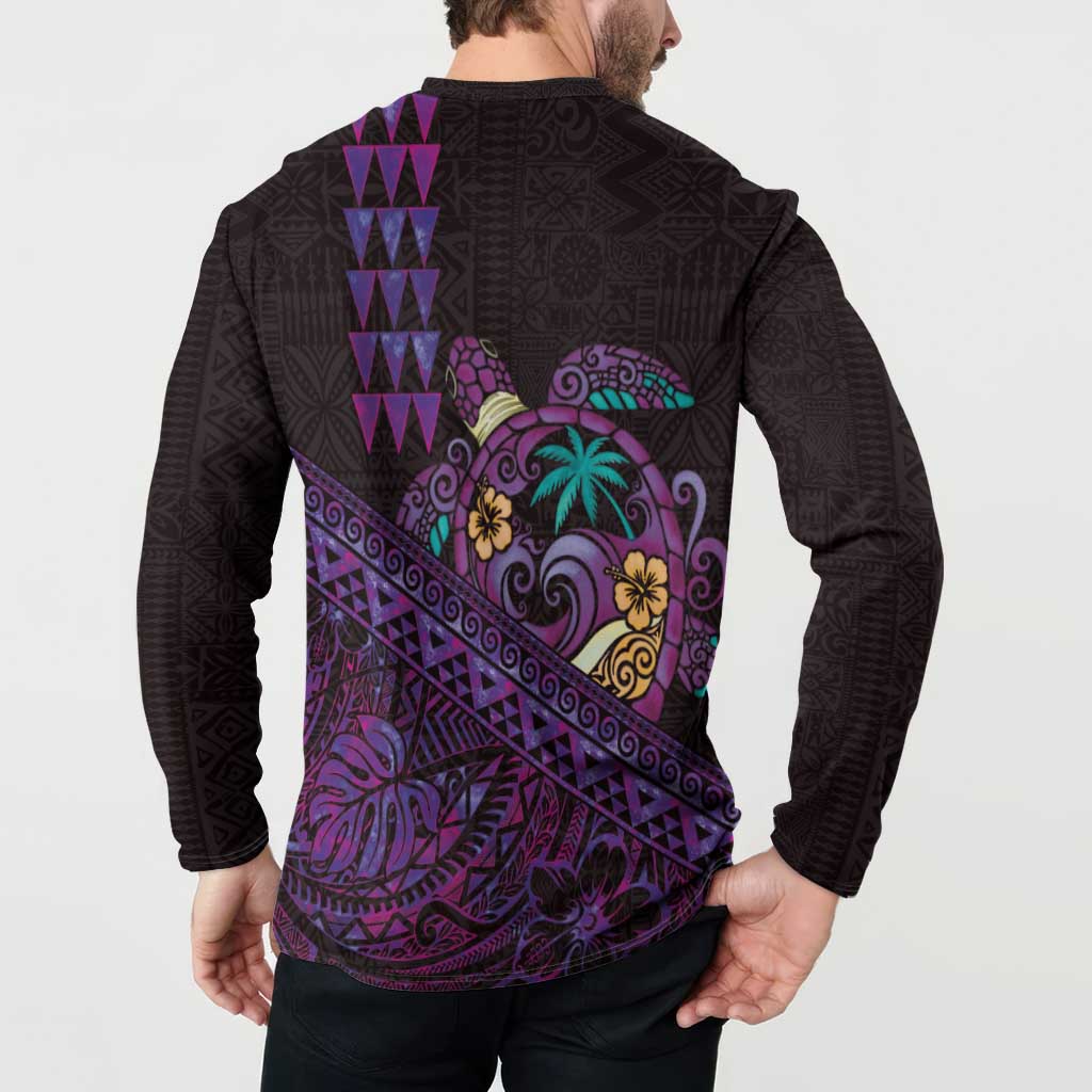 Hawaiian Abstract Sea Turtle Button Sweatshirt Polynesian Tapa Art and Kakau Tattoo Purple WaterColor LT03 - Polynesian Pride