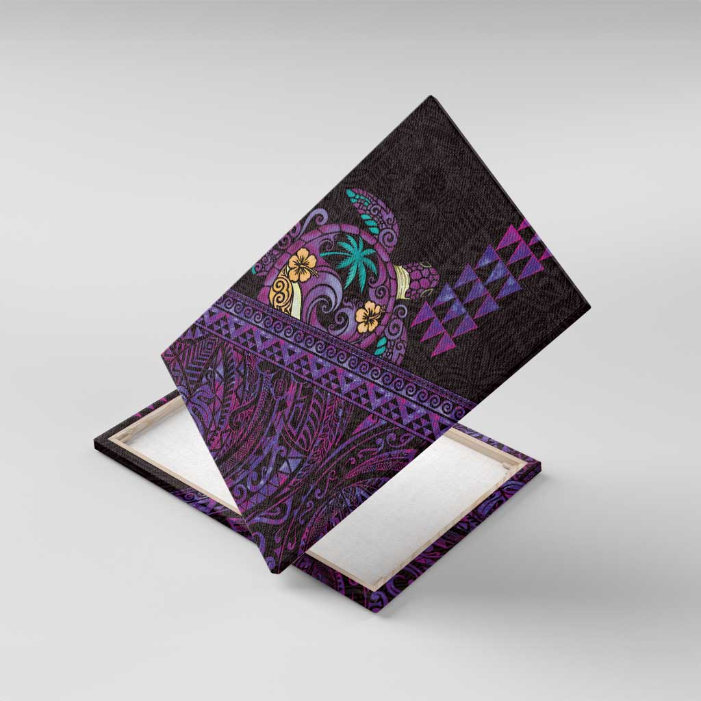 Hawaiian Abstract Sea Turtle Canvas Wall Art Polynesian Tapa Art and Kakau Tattoo Purple WaterColor LT03 With Frame Black - Polynesian Pride