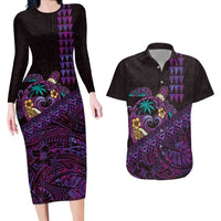 Hawaiian Abstract Sea Turtle Couples Matching Long Sleeve Bodycon Dress and Hawaiian Shirt Polynesian Tapa Art and Kakau Tattoo Purple WaterColor LT03 Black - Polynesian Pride