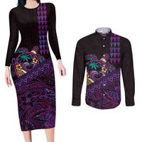Hawaiian Abstract Sea Turtle Couples Matching Long Sleeve Bodycon Dress and Long Sleeve Button Shirt Polynesian Tapa Art and Kakau Tattoo Purple WaterColor LT03 Black - Polynesian Pride