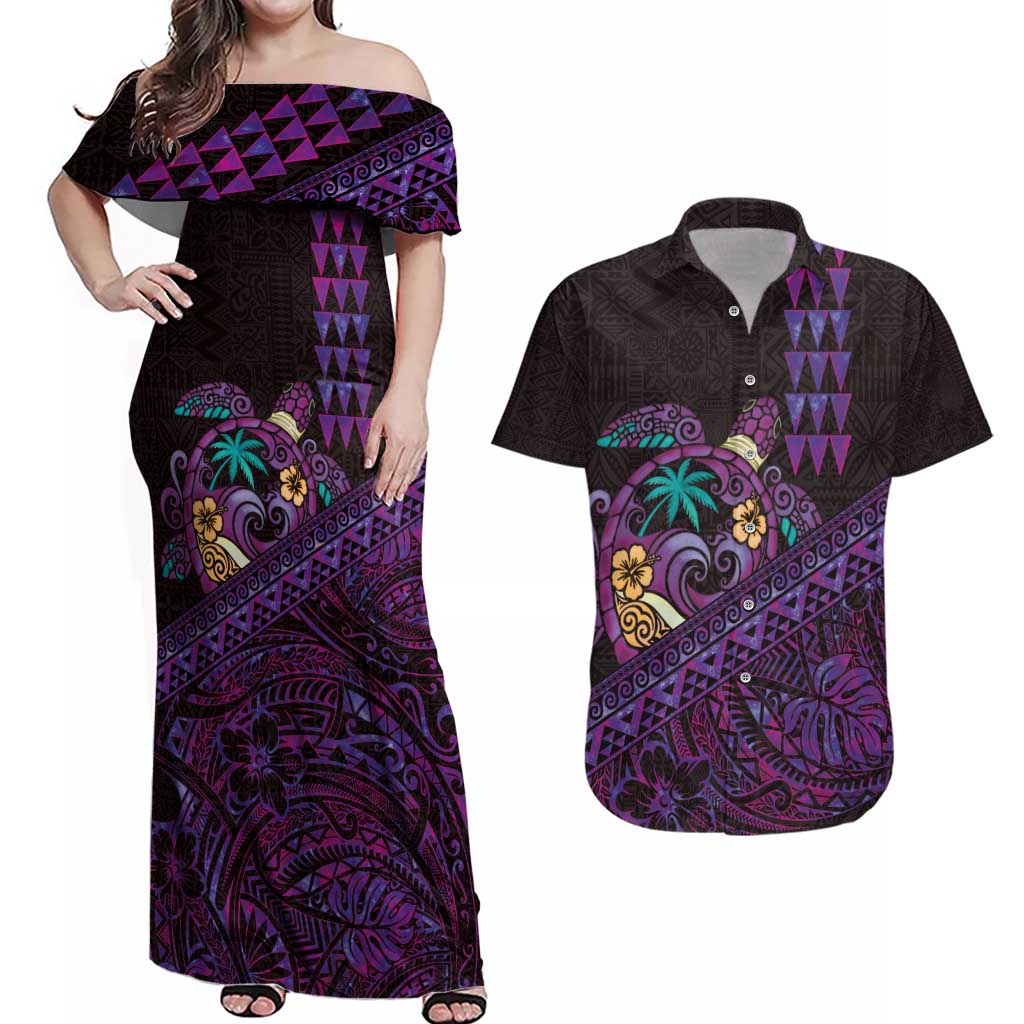 Hawaiian Abstract Sea Turtle Couples Matching Off Shoulder Maxi Dress and Hawaiian Shirt Polynesian Tapa Art and Kakau Tattoo Purple WaterColor LT03 Black - Polynesian Pride