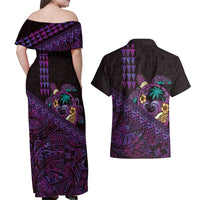 Hawaiian Abstract Sea Turtle Couples Matching Off Shoulder Maxi Dress and Hawaiian Shirt Polynesian Tapa Art and Kakau Tattoo Purple WaterColor LT03 - Polynesian Pride