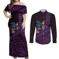 Hawaiian Abstract Sea Turtle Couples Matching Off Shoulder Maxi Dress and Long Sleeve Button Shirt Polynesian Tapa Art and Kakau Tattoo Purple WaterColor LT03 Black - Polynesian Pride