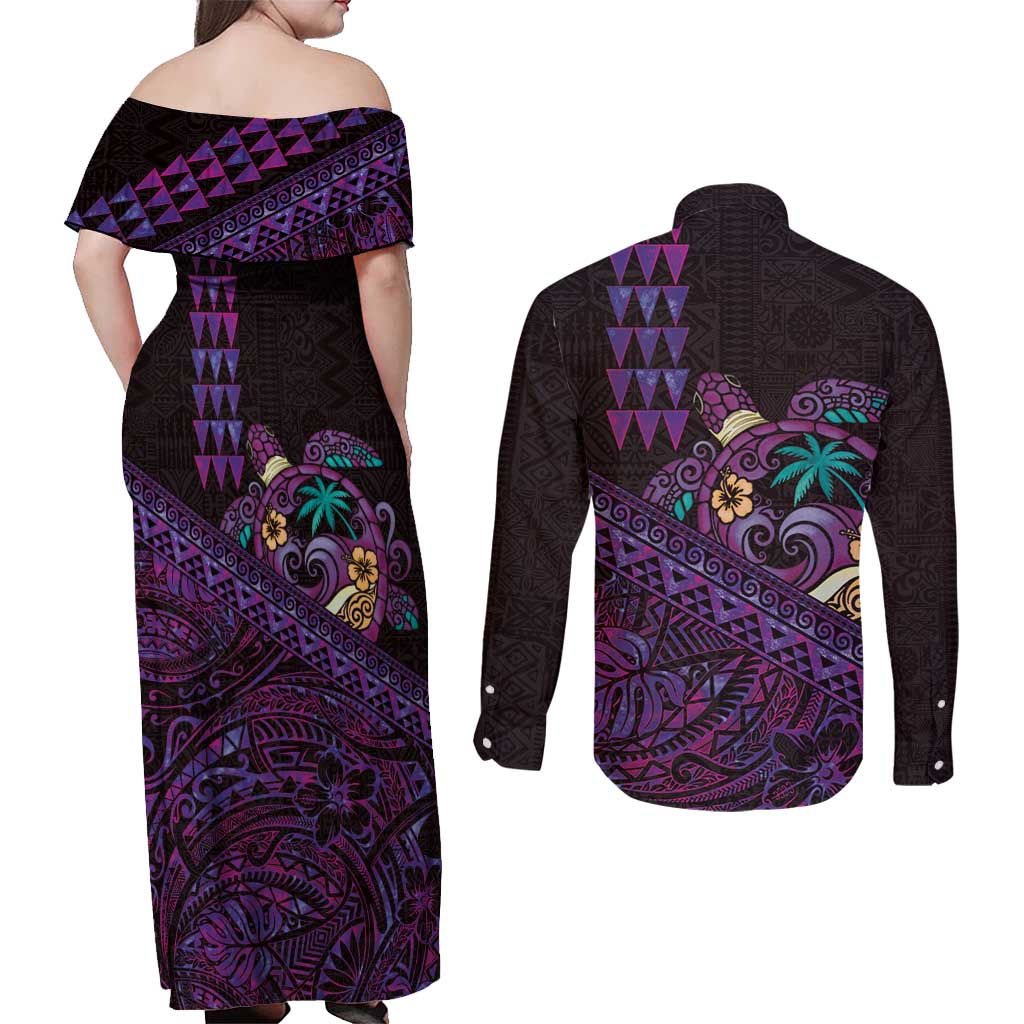 Hawaiian Abstract Sea Turtle Couples Matching Off Shoulder Maxi Dress and Long Sleeve Button Shirt Polynesian Tapa Art and Kakau Tattoo Purple WaterColor LT03 - Polynesian Pride