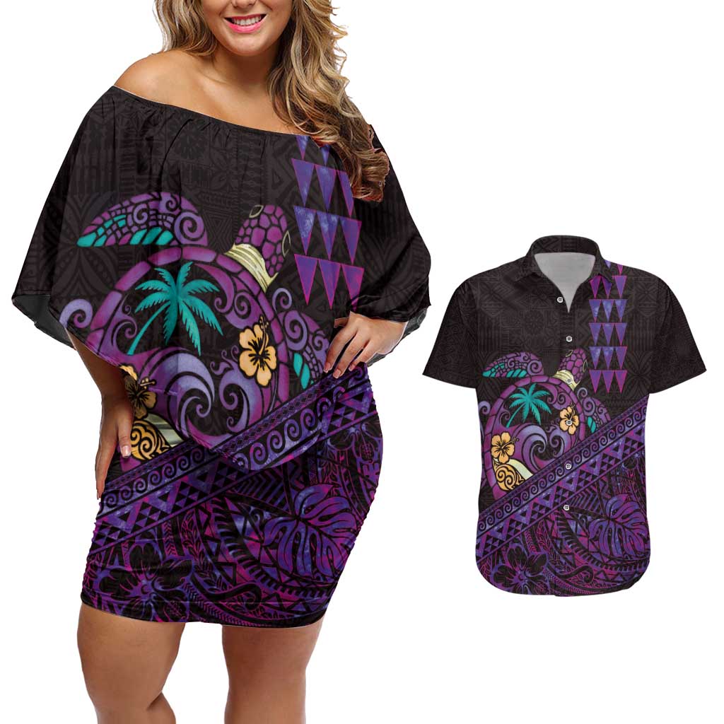 Hawaiian Abstract Sea Turtle Couples Matching Off Shoulder Short Dress and Hawaiian Shirt Polynesian Tapa Art and Kakau Tattoo Purple WaterColor LT03 Black - Polynesian Pride
