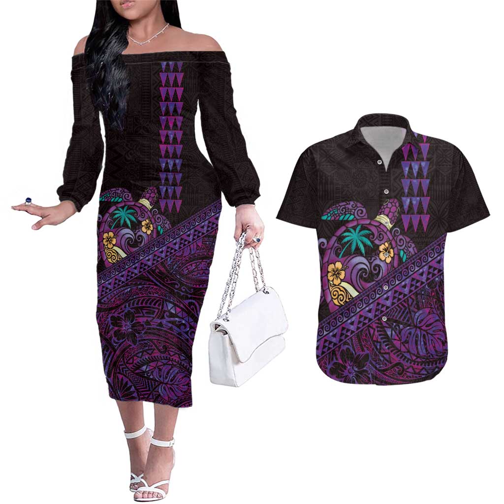Hawaiian Abstract Sea Turtle Couples Matching Off The Shoulder Long Sleeve Dress and Hawaiian Shirt Polynesian Tapa Art and Kakau Tattoo Purple WaterColor - Polynesian Pride