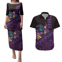 Hawaiian Abstract Sea Turtle Couples Matching Puletasi and Hawaiian Shirt Polynesian Tapa Art and Kakau Tattoo Purple WaterColor LT03 Black - Polynesian Pride