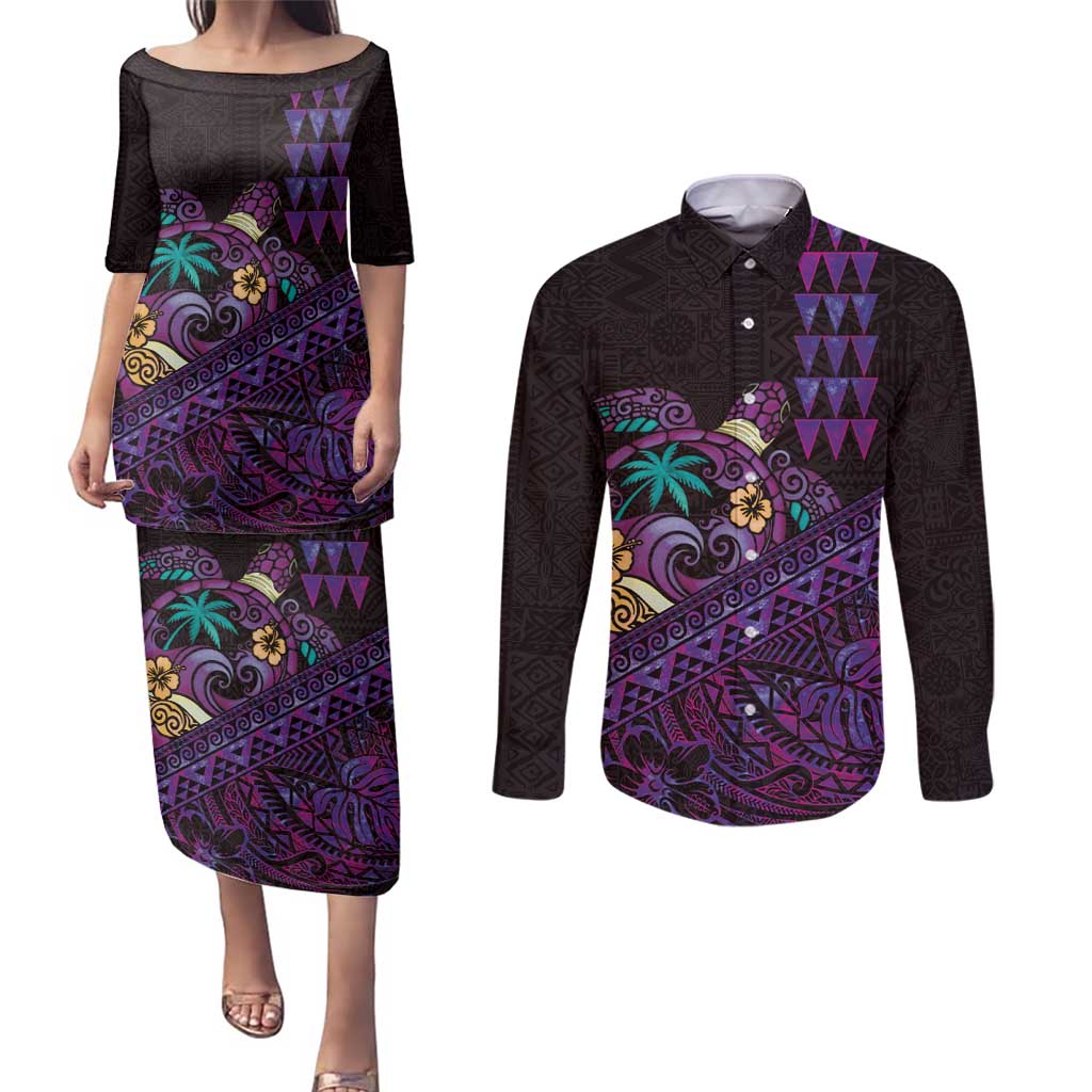 Hawaiian Abstract Sea Turtle Couples Matching Puletasi and Long Sleeve Button Shirt Polynesian Tapa Art and Kakau Tattoo Purple WaterColor - Polynesian Pride