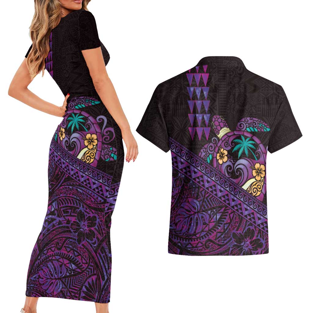 Hawaiian Abstract Sea Turtle Couples Matching Short Sleeve Bodycon Dress and Hawaiian Shirt Polynesian Tapa Art and Kakau Tattoo Purple WaterColor LT03 - Polynesian Pride