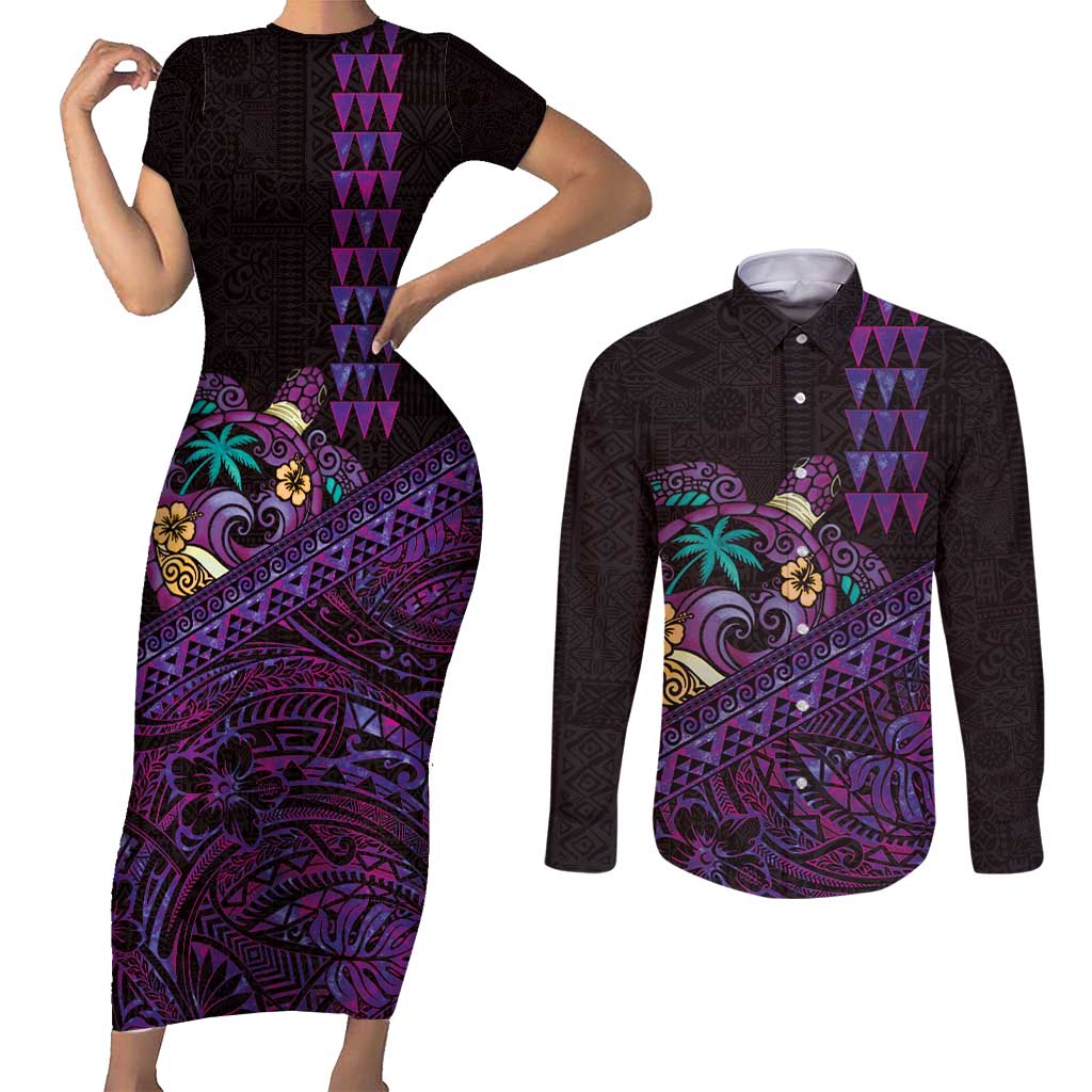 Hawaiian Abstract Sea Turtle Couples Matching Short Sleeve Bodycon Dress and Long Sleeve Button Shirt Polynesian Tapa Art and Kakau Tattoo Purple WaterColor LT03 Black - Polynesian Pride