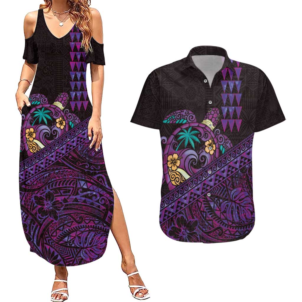 Hawaiian Abstract Sea Turtle Couples Matching Summer Maxi Dress and Hawaiian Shirt Polynesian Tapa Art and Kakau Tattoo Purple WaterColor LT03 Black - Polynesian Pride