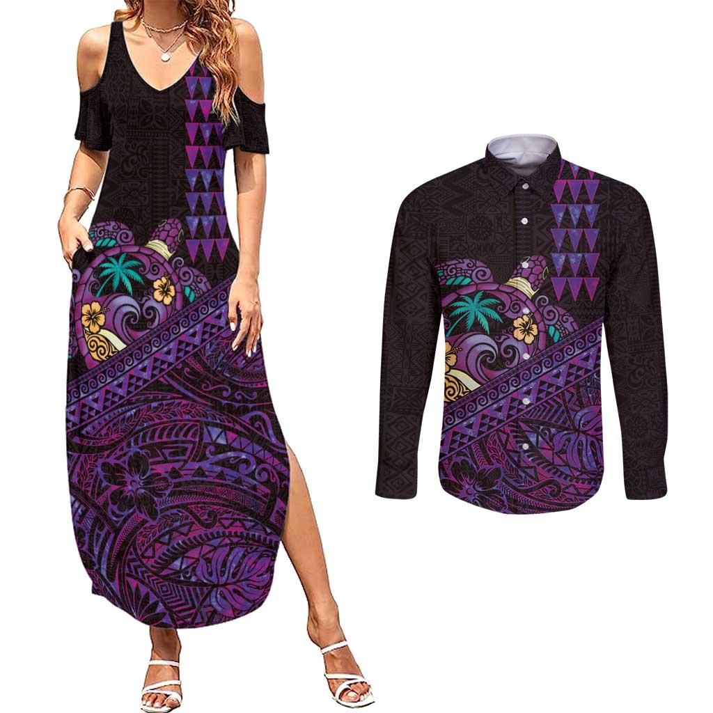 Hawaiian Abstract Sea Turtle Couples Matching Summer Maxi Dress and Long Sleeve Button Shirt Polynesian Tapa Art and Kakau Tattoo Purple WaterColor LT03 Black - Polynesian Pride
