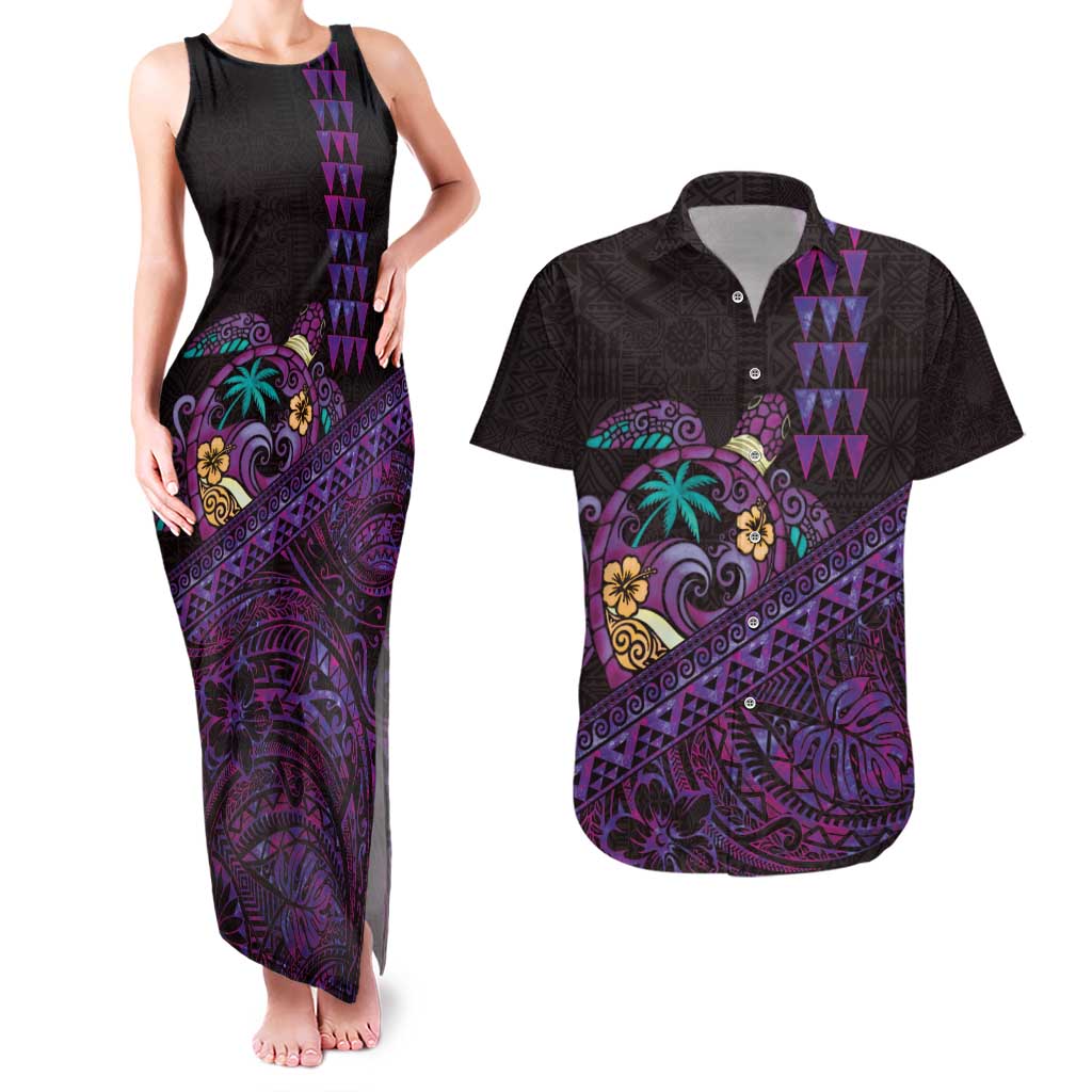 Hawaiian Abstract Sea Turtle Couples Matching Tank Maxi Dress and Hawaiian Shirt Polynesian Tapa Art and Kakau Tattoo Purple WaterColor LT03 Black - Polynesian Pride