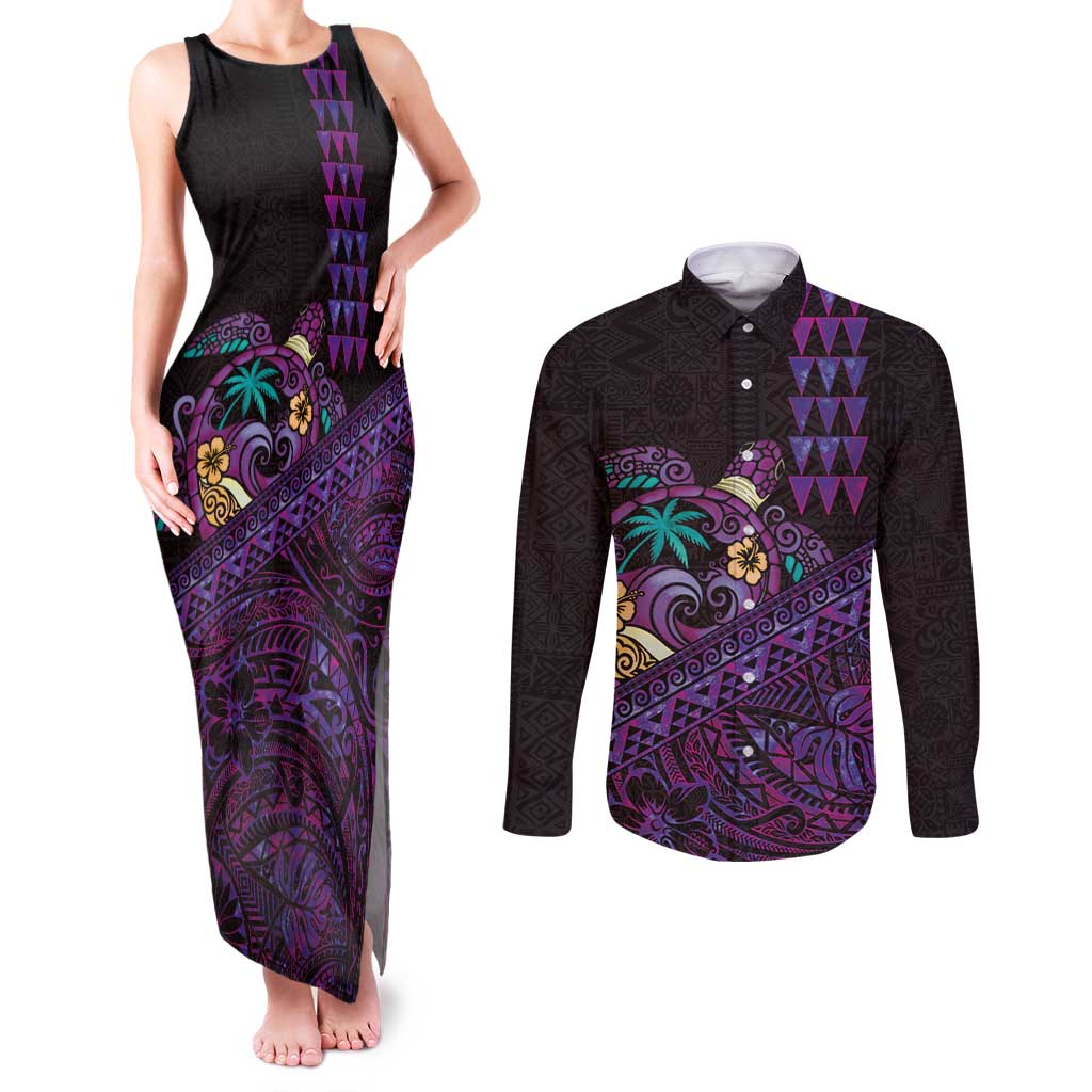 Hawaiian Abstract Sea Turtle Couples Matching Tank Maxi Dress and Long Sleeve Button Shirt Polynesian Tapa Art and Kakau Tattoo Purple WaterColor - Polynesian Pride