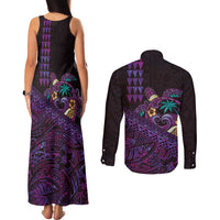 Hawaiian Abstract Sea Turtle Couples Matching Tank Maxi Dress and Long Sleeve Button Shirt Polynesian Tapa Art and Kakau Tattoo Purple WaterColor LT03 - Polynesian Pride