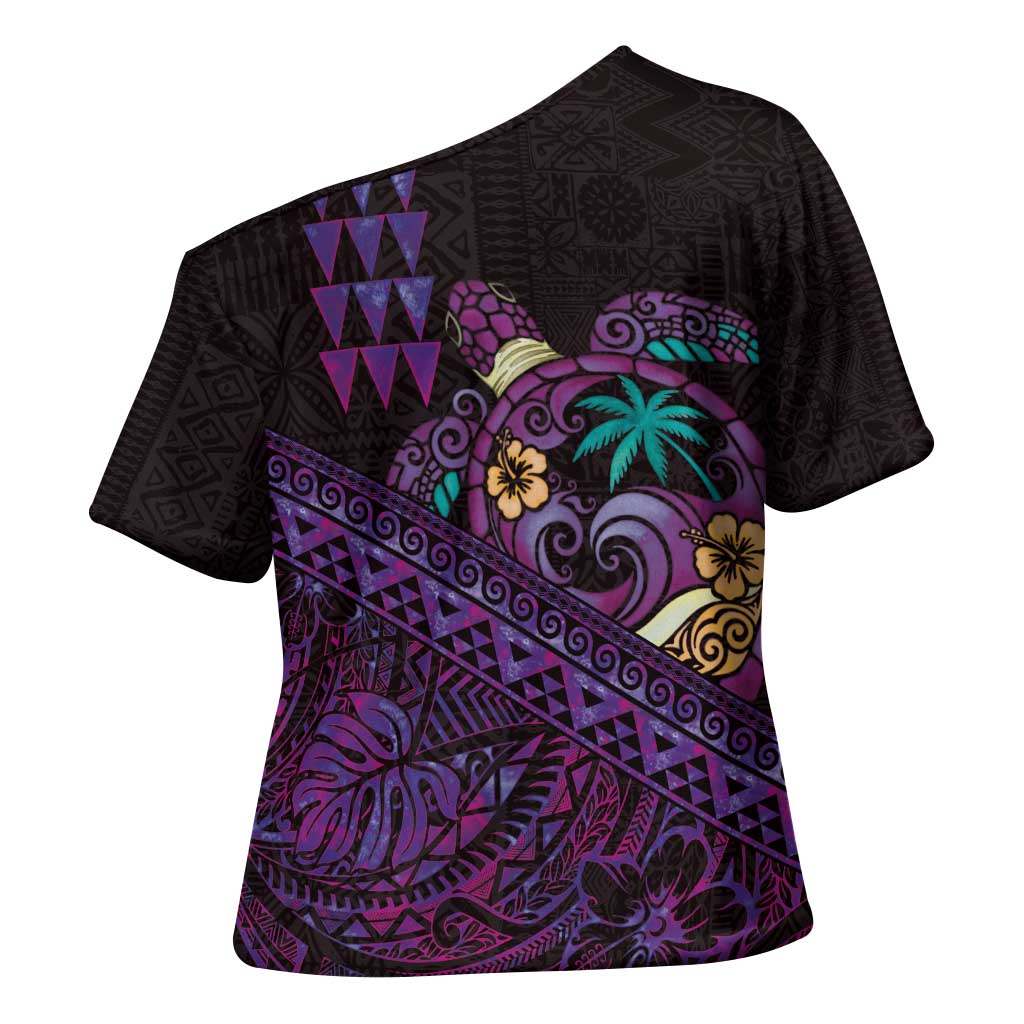 Hawaiian Abstract Sea Turtle Cross Shoulder Shirt Polynesian Tapa Art and Kakau Tattoo Purple WaterColor LT03 - Polynesian Pride