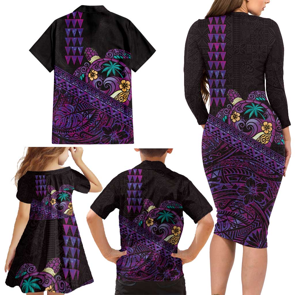 Hawaiian Abstract Sea Turtle Family Matching Long Sleeve Bodycon Dress and Hawaiian Shirt Polynesian Tapa Art and Kakau Tattoo Purple WaterColor LT03 - Polynesian Pride