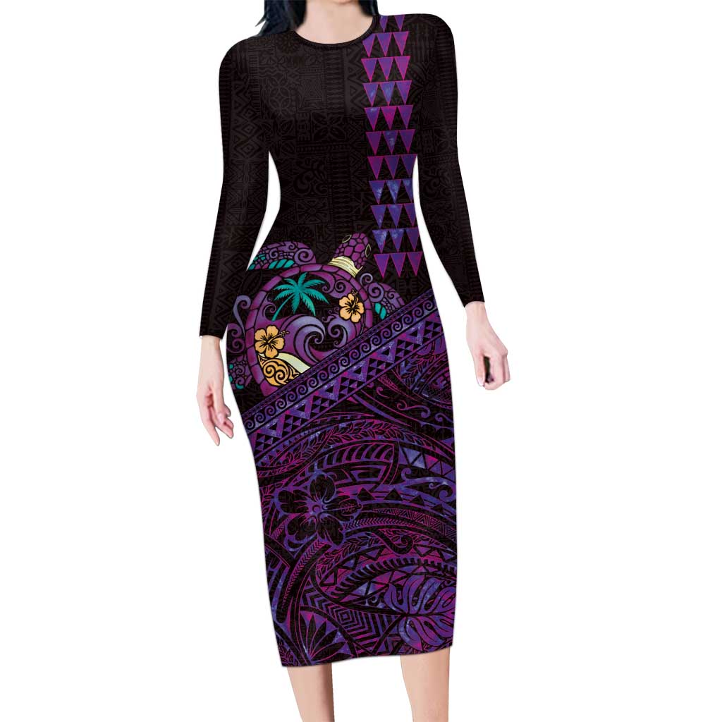 Hawaiian Abstract Sea Turtle Family Matching Long Sleeve Bodycon Dress and Hawaiian Shirt Polynesian Tapa Art and Kakau Tattoo Purple WaterColor LT03 Mom's Dress Black - Polynesian Pride