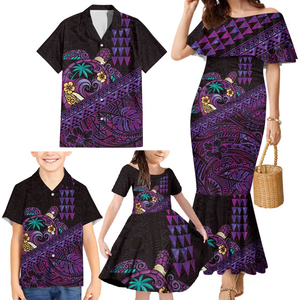 Hawaiian Abstract Sea Turtle Family Matching Mermaid Dress and Hawaiian Shirt Polynesian Tapa Art and Kakau Tattoo Purple WaterColor LT03 - Polynesian Pride
