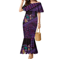 Hawaiian Abstract Sea Turtle Family Matching Mermaid Dress and Hawaiian Shirt Polynesian Tapa Art and Kakau Tattoo Purple WaterColor LT03 Mom's Dress Black - Polynesian Pride