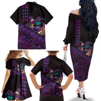 Hawaiian Abstract Sea Turtle Family Matching Off The Shoulder Long Sleeve Dress and Hawaiian Shirt Polynesian Tapa Art and Kakau Tattoo Purple WaterColor LT03 - Polynesian Pride