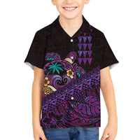 Hawaiian Abstract Sea Turtle Family Matching Off The Shoulder Long Sleeve Dress and Hawaiian Shirt Polynesian Tapa Art and Kakau Tattoo Purple WaterColor LT03 Son's Shirt Black - Polynesian Pride