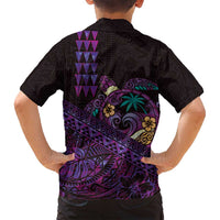 Hawaiian Abstract Sea Turtle Family Matching Off Shoulder Maxi Dress and Hawaiian Shirt Polynesian Tapa Art and Kakau Tattoo Purple WaterColor LT03 - Polynesian Pride