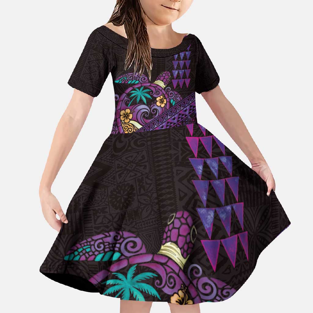 Hawaiian Abstract Sea Turtle Family Matching Off Shoulder Maxi Dress and Hawaiian Shirt Polynesian Tapa Art and Kakau Tattoo Purple WaterColor LT03 Daughter's Dress Black - Polynesian Pride