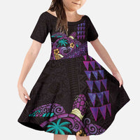 Hawaiian Abstract Sea Turtle Family Matching Off Shoulder Maxi Dress and Hawaiian Shirt Polynesian Tapa Art and Kakau Tattoo Purple WaterColor LT03 Daughter's Dress Black - Polynesian Pride