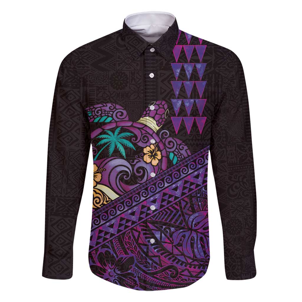 Hawaiian Abstract Sea Turtle Family Matching Off Shoulder Maxi Dress and Hawaiian Shirt Polynesian Tapa Art and Kakau Tattoo Purple WaterColor LT03 Dad's Shirt - Long Sleeve Black - Polynesian Pride