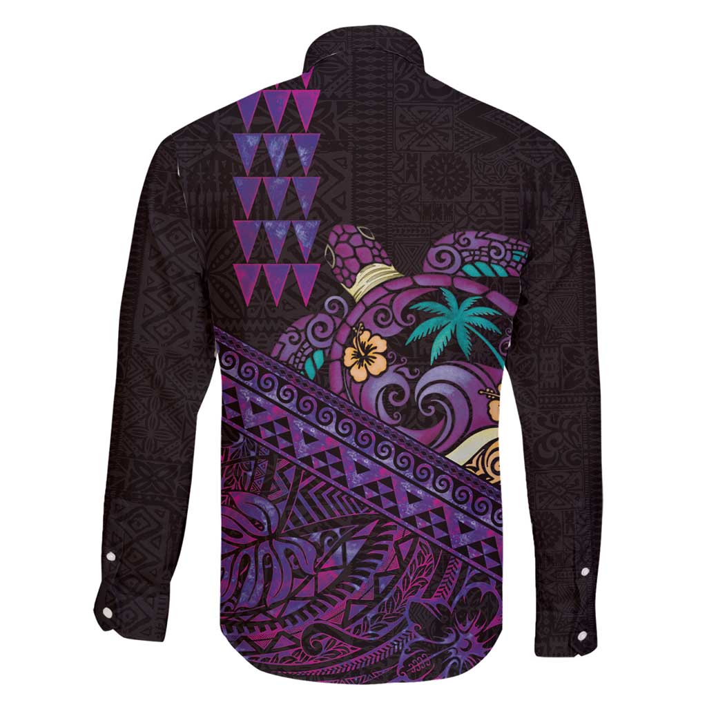 Hawaiian Abstract Sea Turtle Family Matching Off Shoulder Maxi Dress and Hawaiian Shirt Polynesian Tapa Art and Kakau Tattoo Purple WaterColor LT03 - Polynesian Pride