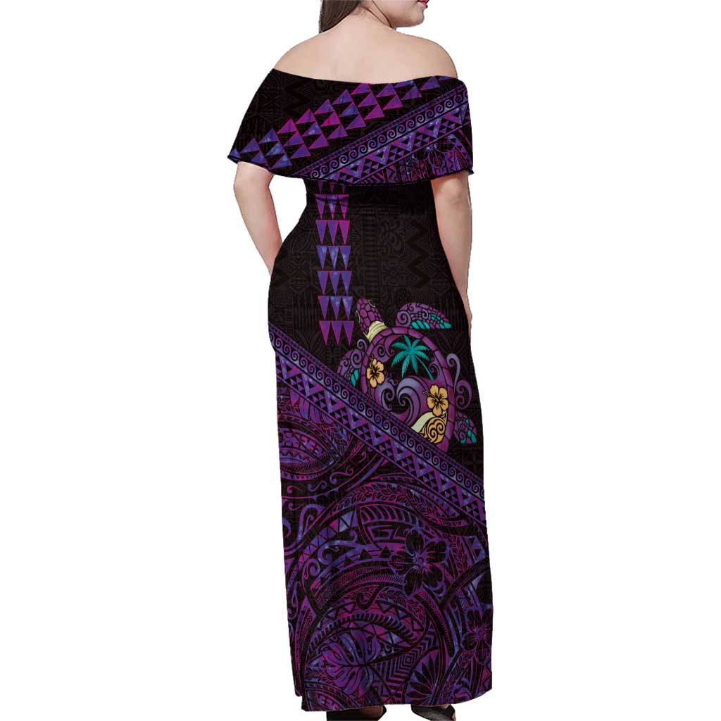 Hawaiian Abstract Sea Turtle Family Matching Off Shoulder Maxi Dress and Hawaiian Shirt Polynesian Tapa Art and Kakau Tattoo Purple WaterColor LT03 - Polynesian Pride