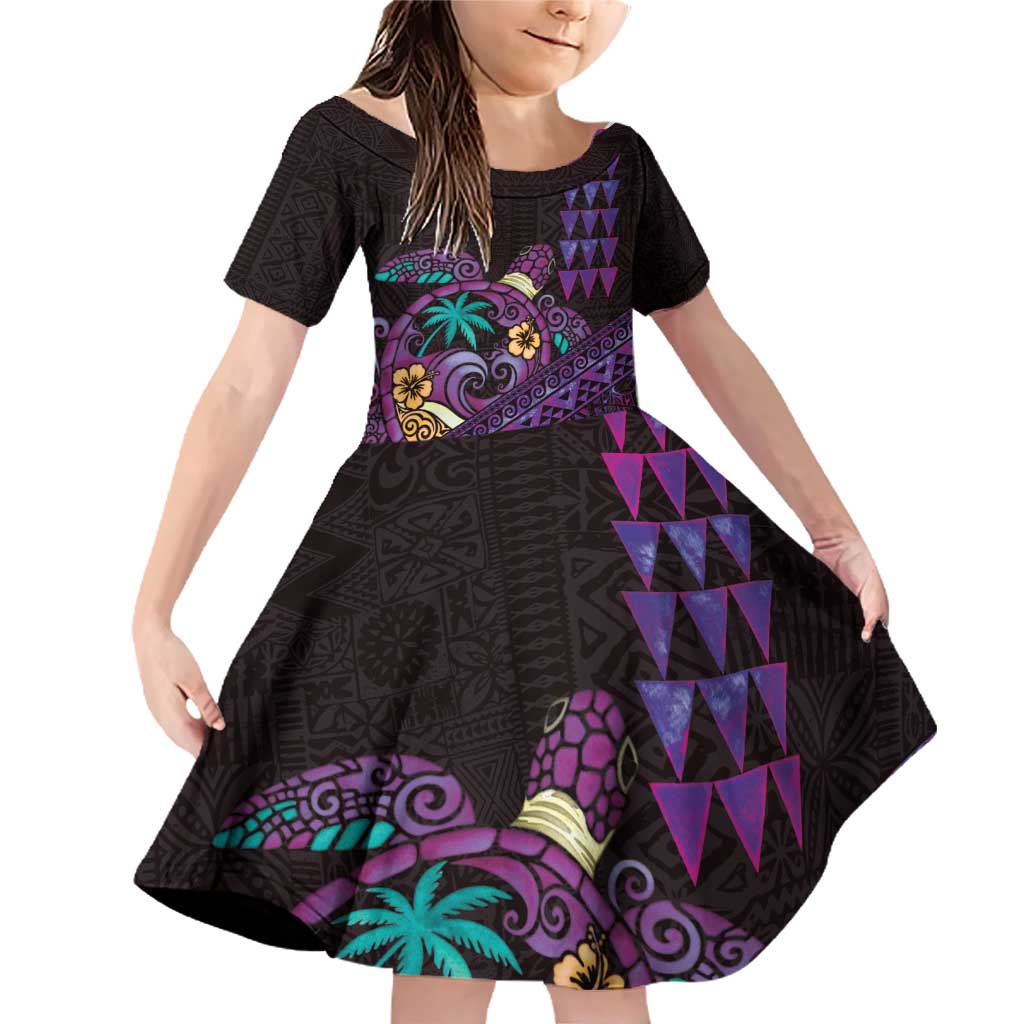 Hawaiian Abstract Sea Turtle Family Matching Off Shoulder Short Dress and Hawaiian Shirt Polynesian Tapa Art and Kakau Tattoo Purple WaterColor LT03 Daughter's Dress Black - Polynesian Pride