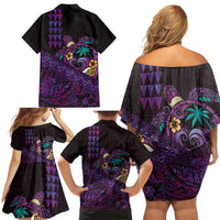 Hawaiian Abstract Sea Turtle Family Matching Off Shoulder Short Dress and Hawaiian Shirt Polynesian Tapa Art and Kakau Tattoo Purple WaterColor LT03 - Polynesian Pride