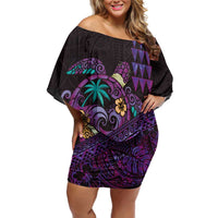 Hawaiian Abstract Sea Turtle Family Matching Off Shoulder Short Dress and Hawaiian Shirt Polynesian Tapa Art and Kakau Tattoo Purple WaterColor LT03 Mom's Dress Black - Polynesian Pride