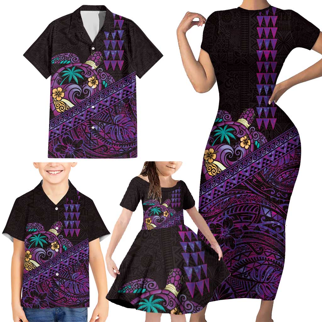 Hawaiian Abstract Sea Turtle Family Matching Short Sleeve Bodycon Dress and Hawaiian Shirt Polynesian Tapa Art and Kakau Tattoo Purple WaterColor LT03 - Polynesian Pride