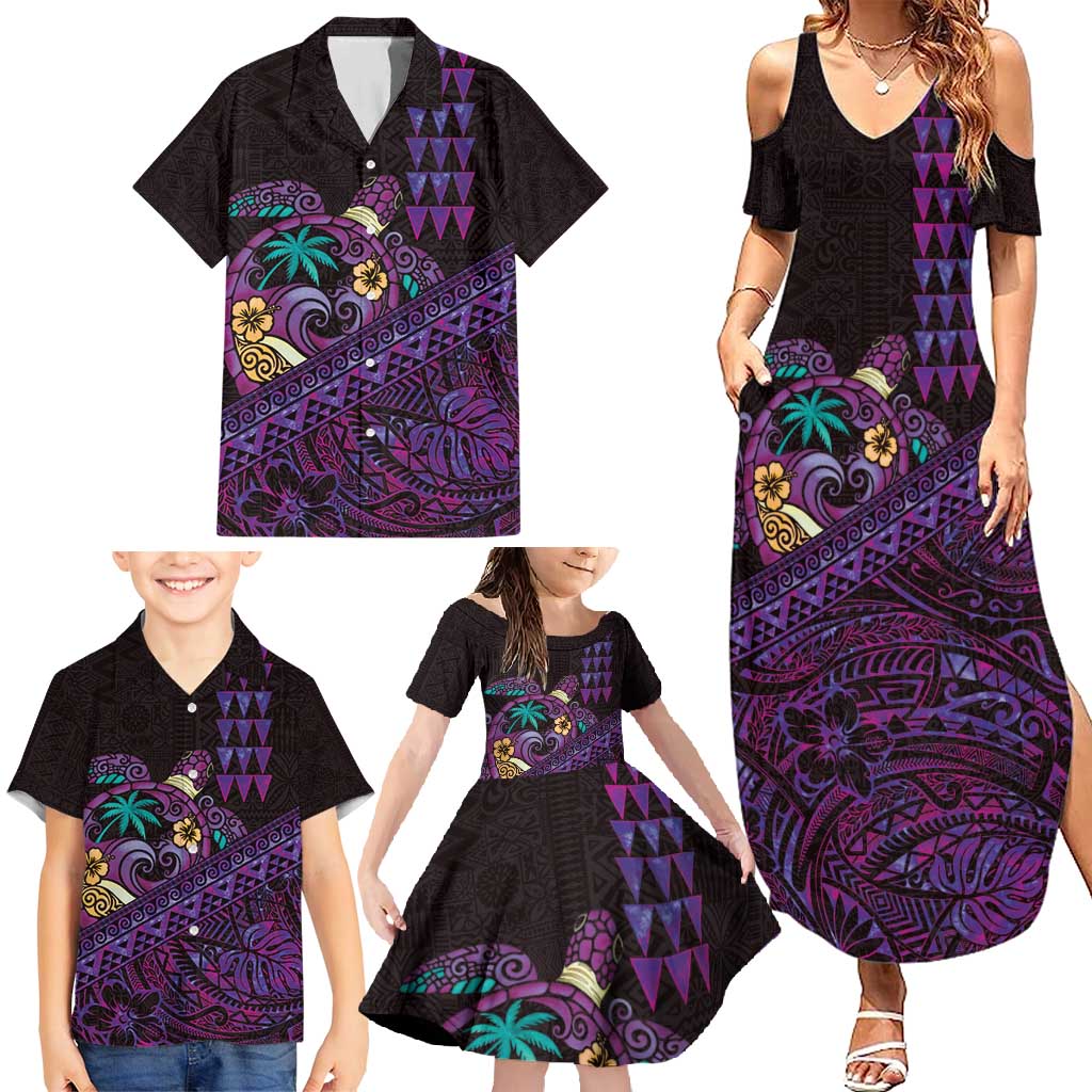 Hawaiian Abstract Sea Turtle Family Matching Summer Maxi Dress and Hawaiian Shirt Polynesian Tapa Art and Kakau Tattoo Purple WaterColor LT03 - Polynesian Pride