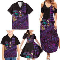 Hawaiian Abstract Sea Turtle Family Matching Summer Maxi Dress and Hawaiian Shirt Polynesian Tapa Art and Kakau Tattoo Purple WaterColor LT03 - Polynesian Pride