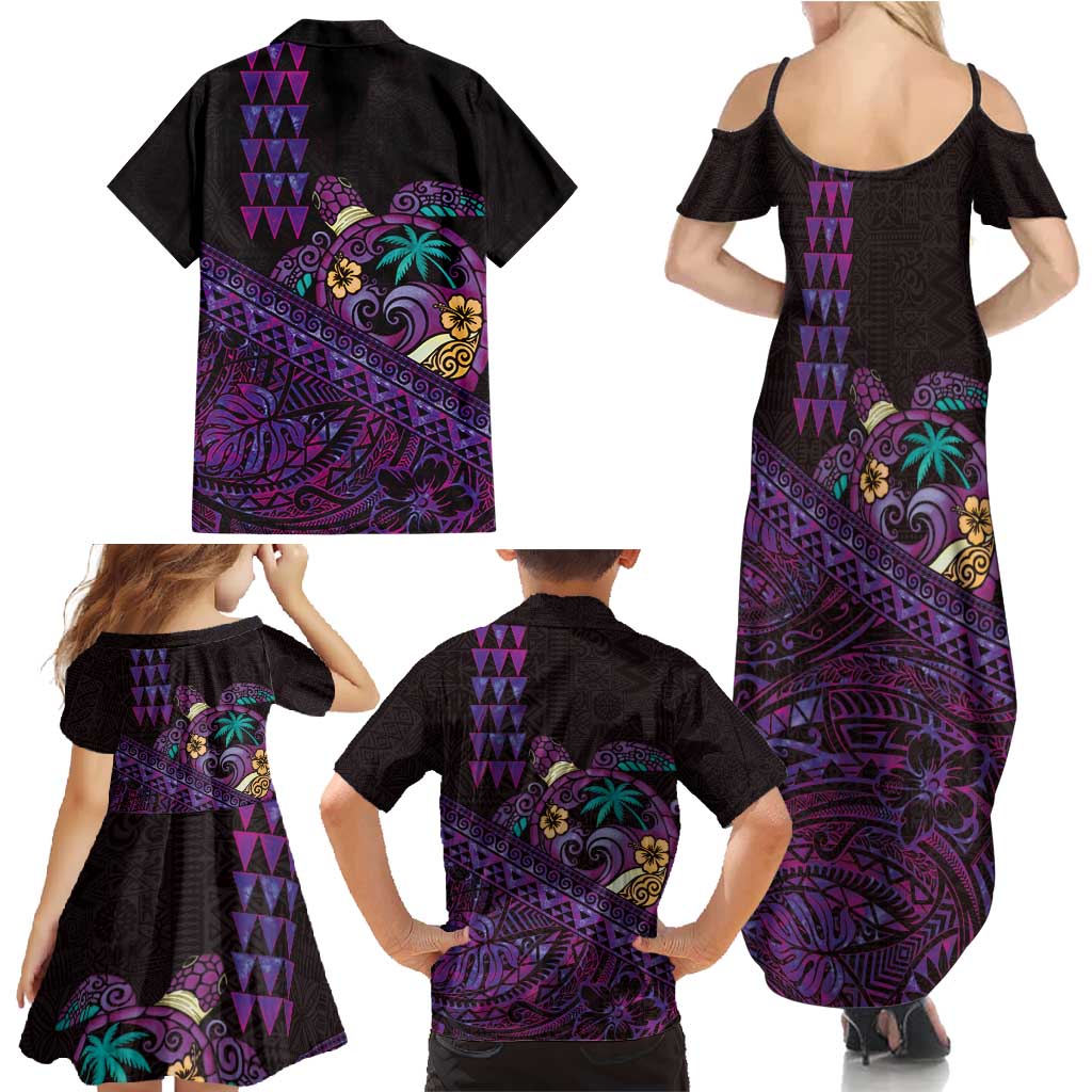 Hawaiian Abstract Sea Turtle Family Matching Summer Maxi Dress and Hawaiian Shirt Polynesian Tapa Art and Kakau Tattoo Purple WaterColor LT03 - Polynesian Pride