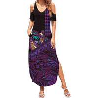 Hawaiian Abstract Sea Turtle Family Matching Summer Maxi Dress and Hawaiian Shirt Polynesian Tapa Art and Kakau Tattoo Purple WaterColor LT03 Mom's Dress Black - Polynesian Pride